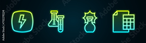 Set line Lightning bolt, Test tube, Explosion the flask and Calculator. Glowing neon icon. Vector