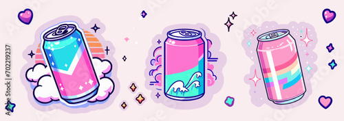 Cute pink soda cans in cartoon anime style. Set of vector illustrations for sticker or patch design in pastel colors.