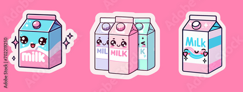 Carton milk on a pink background in kawaii anime style style. Set of vector illustrations for sticker or patch design.