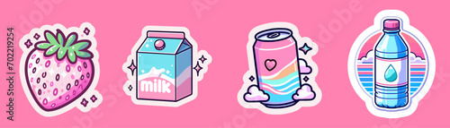 Set of anime style drink stickers on a dark background. Soda can and milk cartoon in cute cartoon style.