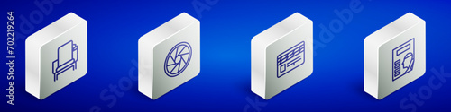 Set Isometric line Cinema chair, Camera shutter, Movie clapper and poster icon. Vector