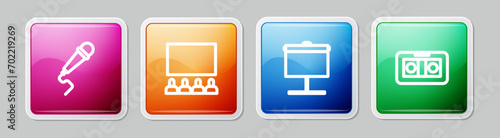 Set line Microphone, Cinema auditorium with screen, Projection and VHS video cassette tape. Colorful square button. Vector