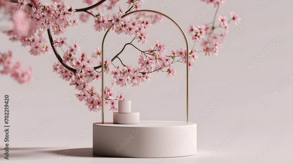 3D background, pink podium display. Sakura pink flower tree branch with frame. Cosmetic or beauty product promotion step floral pedestal. Abstract minimal advertise. 3D render copy space spring mockup - obrazy, fototapety, plakaty 