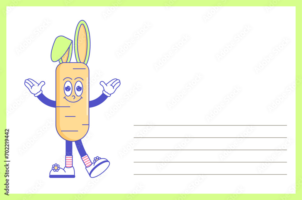 Fototapeta premium Happy Easter, spring holiday. Retro groovy cartoon characters and elements. Vintage funky mascot blank postcard psychedelic smile and emotion. Comic trendy Vector illustration 60s 70s 90s style