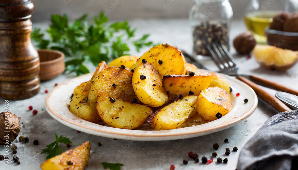 Fried delicious potato with black pepper, selective focus Fried delicious potato with black pepper, selective focus