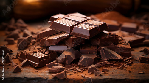 Broken chocolate pieces and cocoa powder on wooden background photo