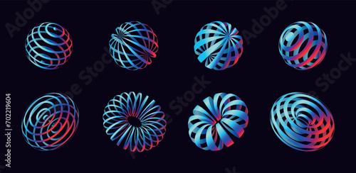 Set of techno 3d gradient figures, striped mesh models, spheres and torus, y2k aesthetic decorations.
