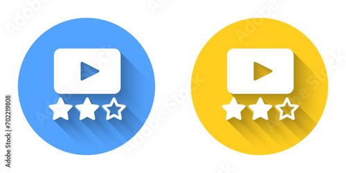 White Film or movie cinematography rating or review icon isolated with long shadow background. Circle button. Vector