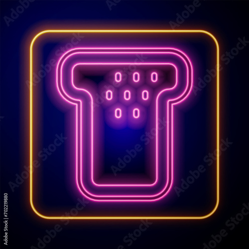Glowing neon Bread toast for sandwich piece of roasted crouton icon isolated on black background. Lunch, dinner, breakfast snack.  Vector