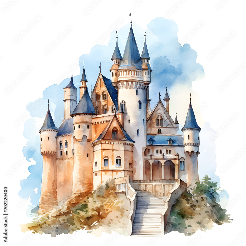 Fairy tales of a magic castle in watercolor painting. A magical castle in pastel and vibrant color. Historical imagination monument and memorial. Illustration isolated on a white background.