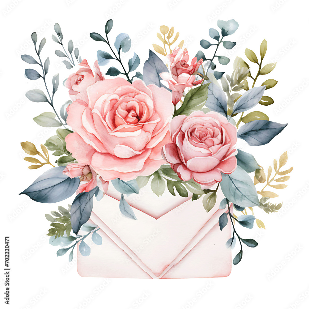 Frame of Rolled Flower Bouquet Love Letter Watercolour Paper Botanica Clipart Isolated Design Tshirt Folded Envelove Creative Design Concept PNG Transparent Valentine Event 