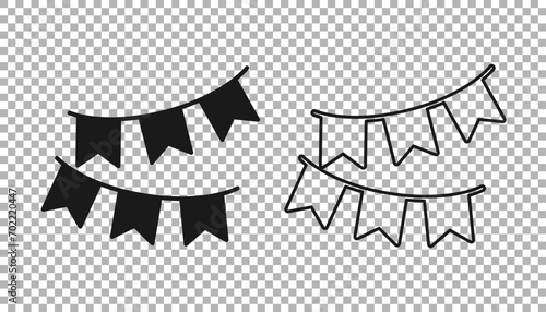 Black Carnival garland with flags icon isolated on transparent background. Party pennants for birthday celebration, festival decoration.  Vector