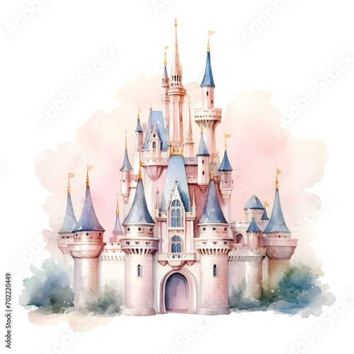 Fairy tales of a magic castle in watercolor painting. A magical castle in pastel and vibrant color. Historical imagination monument and memorial. Illustration isolated on a white background.