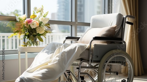 Empty wheelchair in the hospital room near light from the window, Wheelchairs waiting for patient services photo