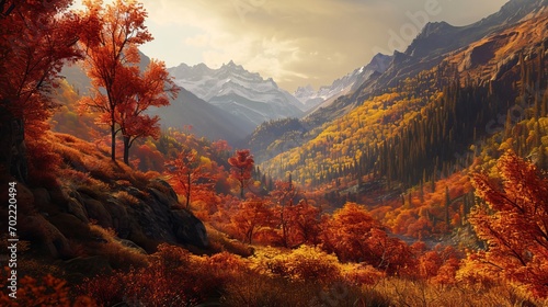 Autumn Splendor in Mountain Landscape, Vibrant Fall Colors in Forest, Majestic Peaks Background