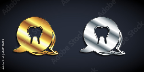Gold and silver Tooth icon isolated on black background. Tooth symbol for dentistry clinic or dentist medical center and toothpaste package. Long shadow style. Vector
