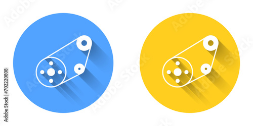 White Timing belt kit icon isolated with long shadow background. Circle button. Vector
