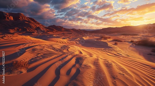 Golden Hour at Desert Landscape with Sand Dunes  Rugged Mountains and Dramatic Cloudy Sky