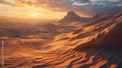 Golden Sunset Over Desert Landscape with Majestic Sand Dunes and Mountain Background