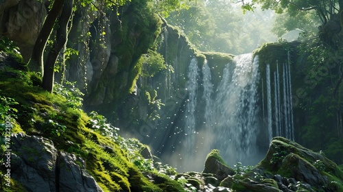 Enchanting Waterfall in Lush Green Forest Landscape Illuminated by Sunlight