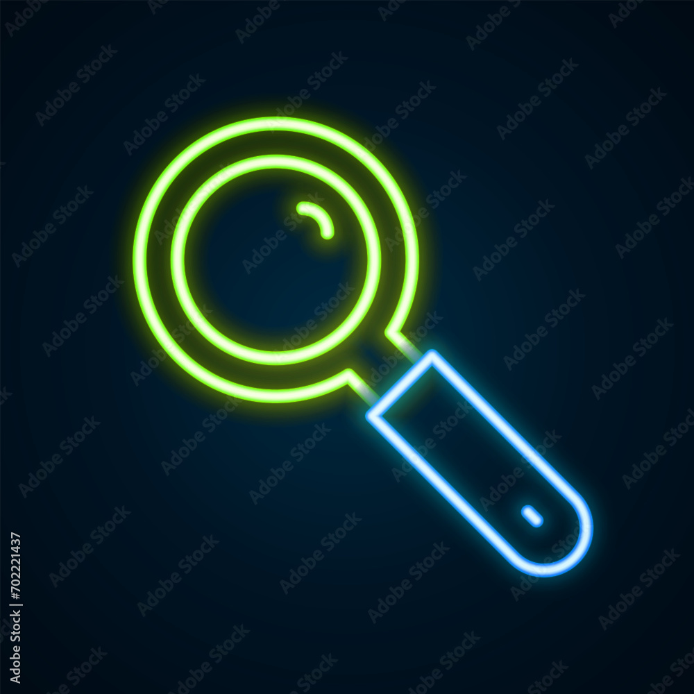 Glowing neon line Magnifying glass icon isolated on black background. Search, focus, zoom, business symbol. Colorful outline concept. Vector Glowing neon line Magnifying glass icon isolated on black background. Search, focus, zoom, business symbol. Colorful outline concept. Vector