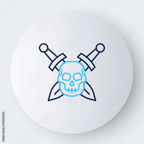Line Crossed medieval sword with skull icon isolated on white background. Medieval weapon. Colorful outline concept. Vector
