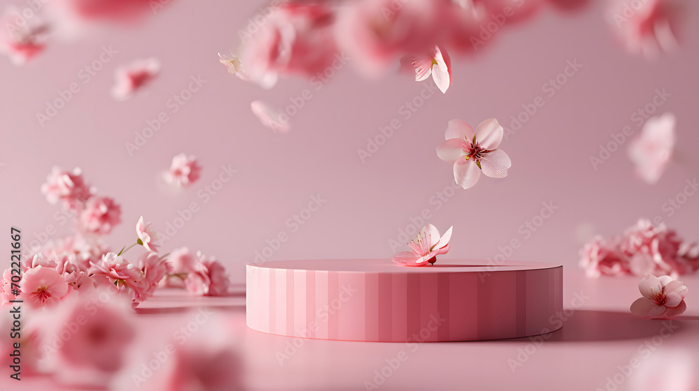 3D background, pink podium display. Sakura pink flower falling. Cosmetic or beauty product promotion step floral, pastel pedestal. Abstract minimal advertise. 3D render copy space spring mockup. 3D background, pink podium display. Sakura pink flower falling. Cosmetic or beauty product promotion step floral, pastel pedestal. Abstract minimal advertise. 3D render copy space spring mockup.