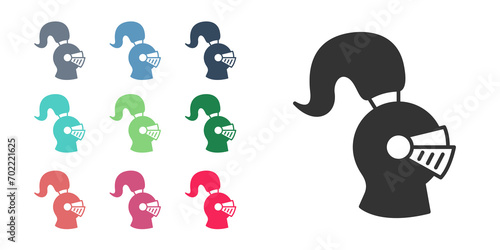 Black Medieval iron helmet for head protection icon isolated on white background. Knight helmet. Set icons colorful. Vector