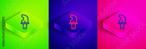 Isometric line Hunter knife icon isolated on green, blue and pink background. Army knife. Square button. Vector