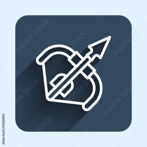 White line Medieval bow and arrow icon isolated with long shadow background. Medieval weapon. Blue square button. Vector