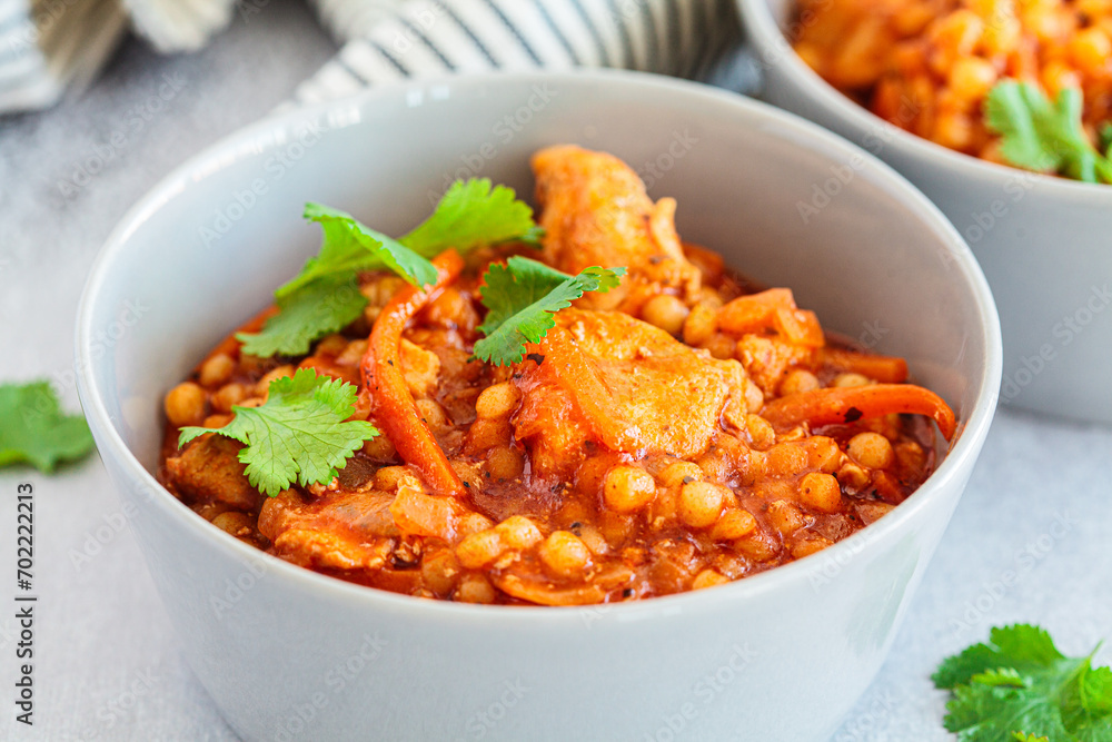 Ptitim stew with chicken and vegetables. Israeli traditional cuisine. Ptitim stew with chicken and vegetables. Israeli traditional cuisine.