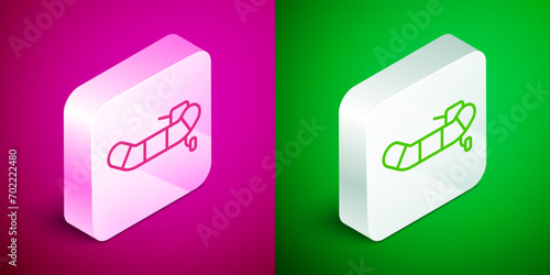 Isometric line Inflatable boat with outboard motor icon isolated on pink and green background. Silver square button. Vector