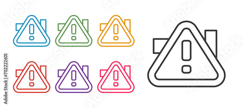 Set line Exclamation mark in triangle icon isolated on white background. Hazard warning sign  careful  attention  danger warning important. Set icons colorful. Vector