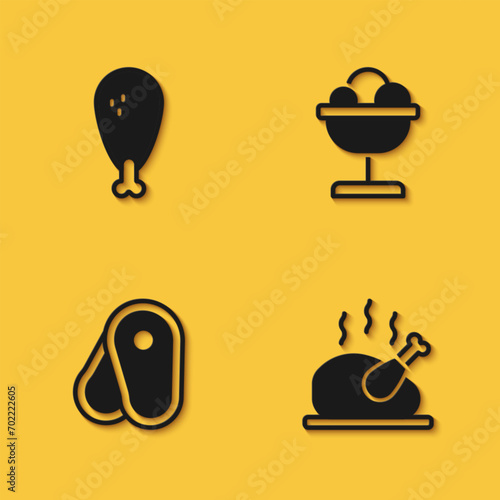 Set Chicken leg  Roasted turkey or chicken  Steak meat and Ice cream in the bowl icon with long shadow. Vector