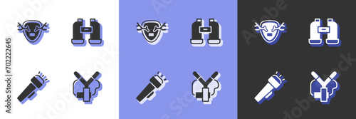 Set Slingshot, Deer antlers on shield, Flashlight and Binoculars icon. Vector