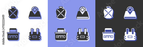 Set Bulletproof vest, Canteen water bottle, Ammunition box and Hunt place icon. Vector