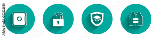 Set Safe, Broken or cracked lock, Graduation cap with shield and Life jacket icon with long shadow. Vector