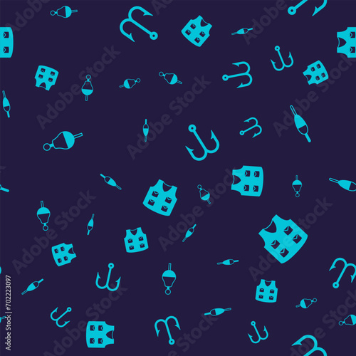 Set Fishing float, hook and jacket on seamless pattern. Vector
