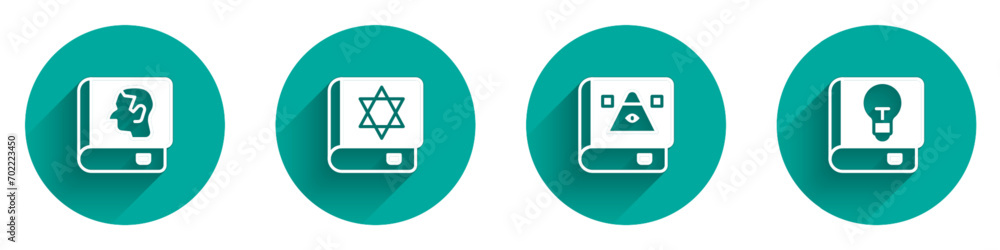 Set Law book, Jewish torah, Ancient magic and User manual icon with long shadow. Vector Set Law book, Jewish torah, Ancient magic and User manual icon with long shadow. Vector
