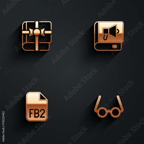 Set Book as a gift, FB2 File and Glasses icon with long shadow. Vector