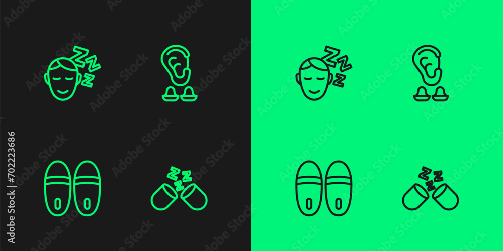 Set line Sleeping pill, Slippers, Dreams and Earplugs and ear icon. Vector Set line Sleeping pill, Slippers, Dreams and Earplugs and ear icon. Vector