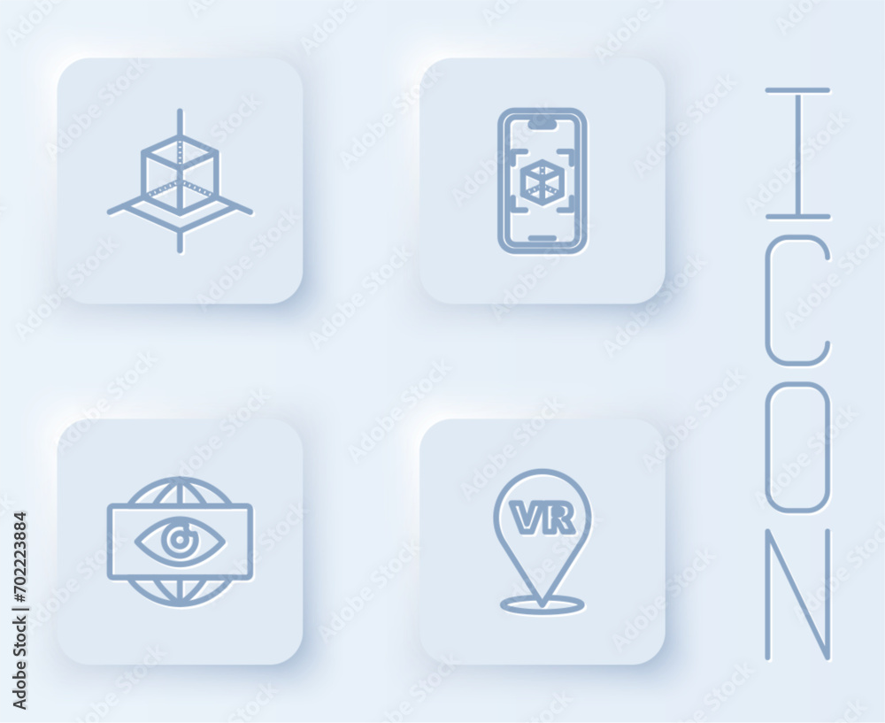 Set line 3d modeling, Big brother electronic eye and Virtual reality. White square button. Vector Set line 3d modeling, Big brother electronic eye and Virtual reality. White square button. Vector
