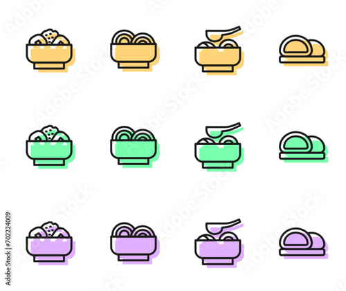 Set line Ramen soup bowl, Chow mein on plate, Asian noodles and Sushi icon. Vector
