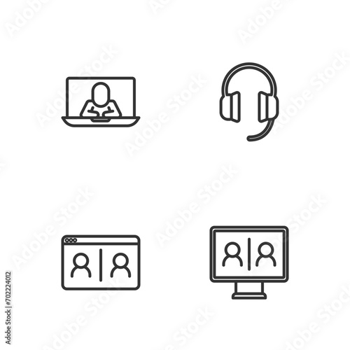 Set line Video chat conference, and Headphones icon. Vector