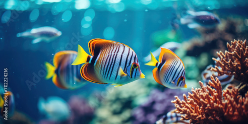 Regal angelfish displaying their striking stripes and vivid colors in a richly planted marine coral aquarium. photo