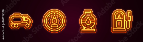 Set line Tanker truck, Motor gas gauge, Oil tank storage and Petrol station. Glowing neon icon. Vector