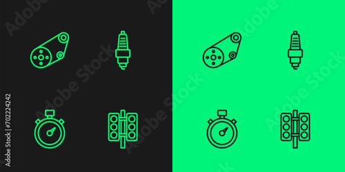 Set line Racing traffic light, Stopwatch, Timing belt kit and Car spark plug icon. Vector