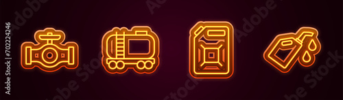 Set line Oil pipe with valve, railway cistern, Canister for gasoline and motor machine oil. Glowing neon icon. Vector