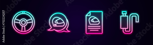 Set line Racing steering wheel, helmet,  and Car muffler. Glowing neon icon. Vector