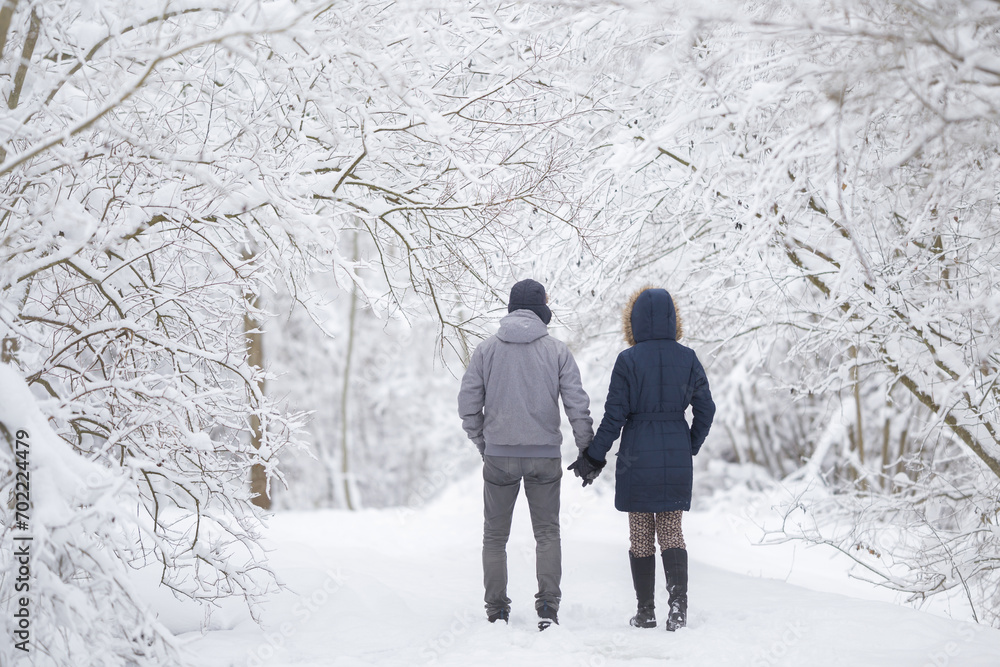 Young adult couple walking on fresh white snow covered road through tree branches at park in beautiful cold winter day after blizzard. Romantic lovely dating moment. Spending time together. Back view.